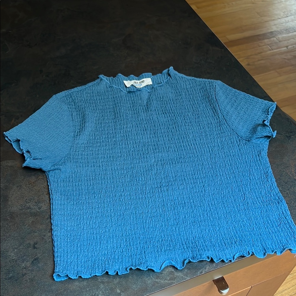 Blue Textured Short Sleeve Top